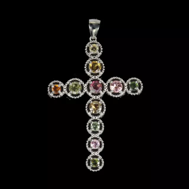 Natural Round Tourmaline 3mm Gemstone 925 Sterling Silver Cross Jewelry Pendant