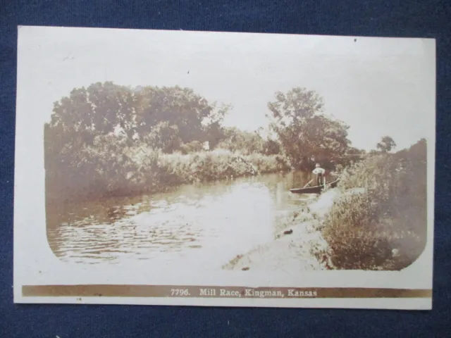 RP Kingman Kansas Mill Race & Man on Boat 1919 Postcard & Cancel