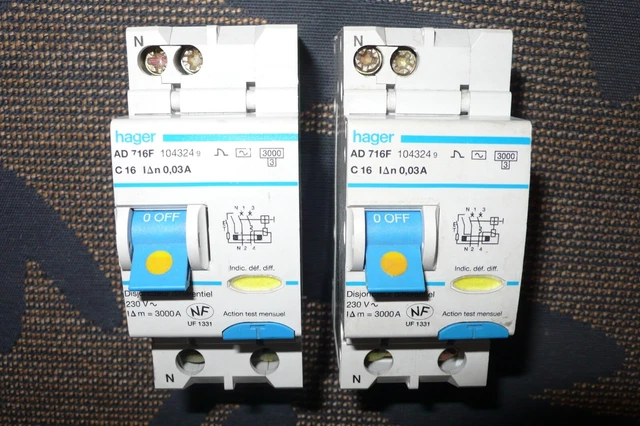 Disjoncteur Différentiel Bipolaire Hager ADC716F 16A 30mA - Neuf, Origine France