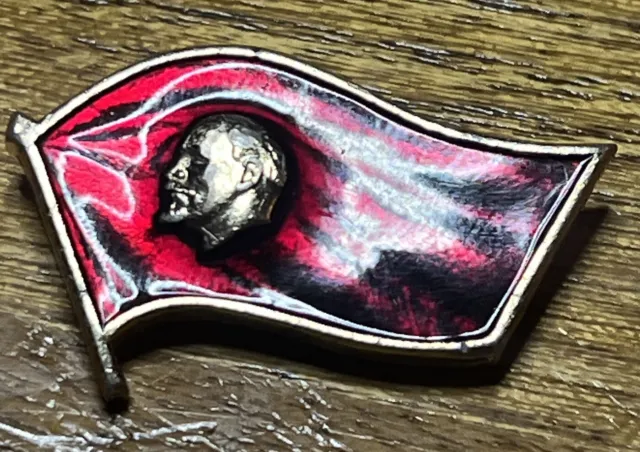 Vintage Vladimir Lenin Russian Communist Politician Red Soviet Flag Pin Badge