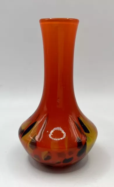 Mcm Hand Blown Cased Art Glass Red Orange Multicolor Confetti Bud Vase 5.25"