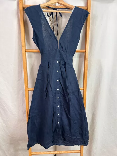 Faithfull The Brand Womens Small Blue Linen Sleeveless V-Neck Backless Button Up