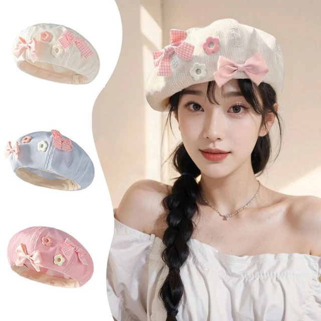 CUTE BOW BERET Hats Cloud Cream Girl Berets Korean Octagonal Cap Women
