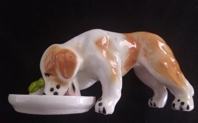 Vintage Bone China Dog Figurine Sharing Meal with Little Bird