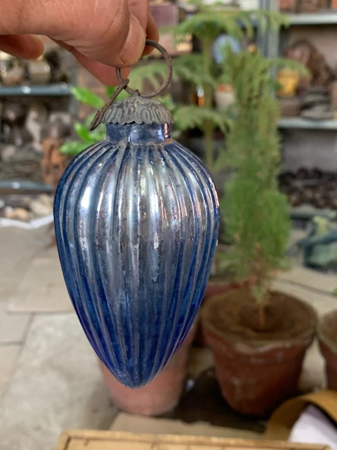 Vintage Old Blue Glass Christmas Kugel Christmas Decor Hanging Glass Ornament