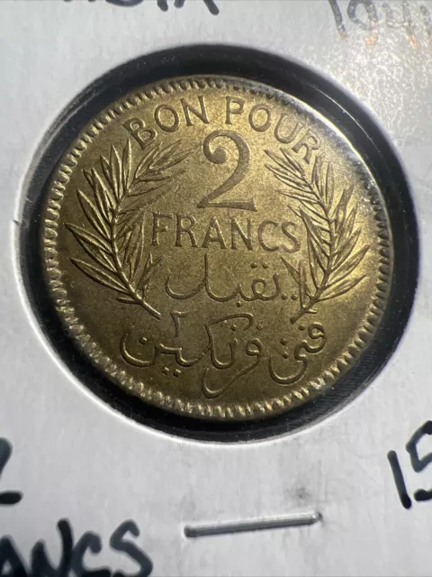 1941 Tunisia 2 Francs Great Condition Still Bright! Z843