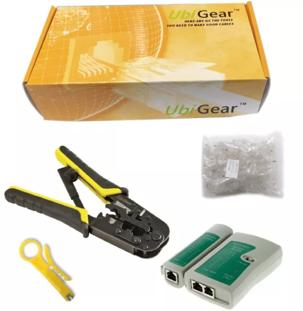 UbiGear® Network Tester +Crimp Crimper + 100 RJ45 CAT5e Connector Plug Tool Kits