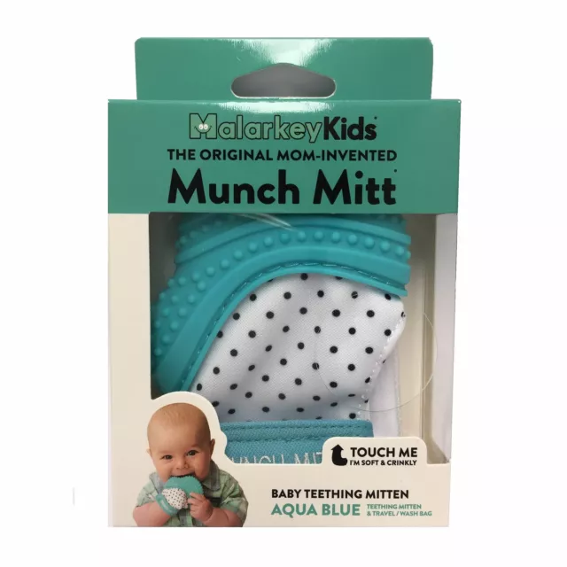 Malarkey Munch Mitt Teething Mitten Aqua Blue Soft Crinkly Silicone Baby Chew 3