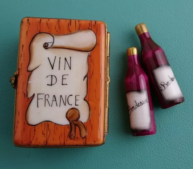 Limoges Trinket Box Vin de France Bordeaux Bottles Grape Hand Painted French