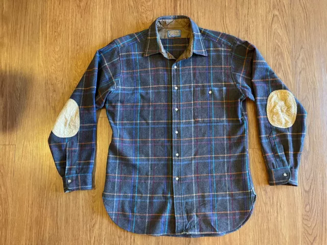 Pendleton Wool Button Shirt Mens Large Vintage USA Plaid Elbow Patches Trail EUC