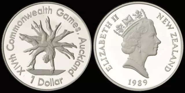 New Zealand: 1989 $1 Gymnastics silver proof Commonwealth Games, .81oz ASW