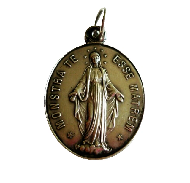 Pendentif Médaille Ancien En Argent Massif 925 - Vierge Religieuse Avec émaux Bleus - Pièce D'occasion Portée