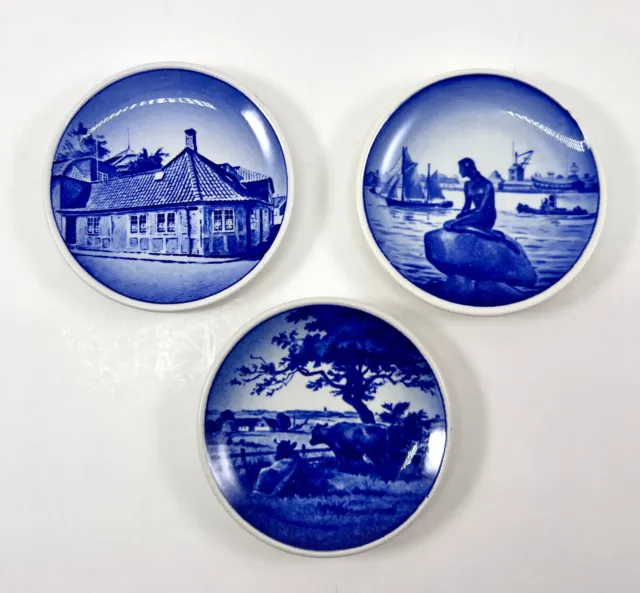 Royal Copenhagen Denmark Danish Blue and White Mini Plates Set of 3 Mermaid Cows