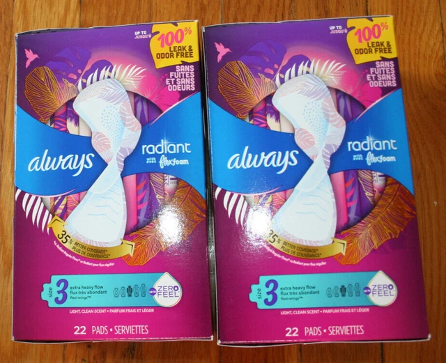 Juego de dos cajas de espuma flexible siempre radiante talla # 3 luz, aroma limpio NUEVO
