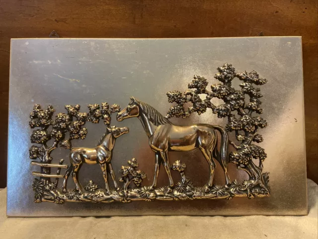 Vintage MCM “Mare W/Foal” 3-D Gold Foil Wall Plaque Horse Decor