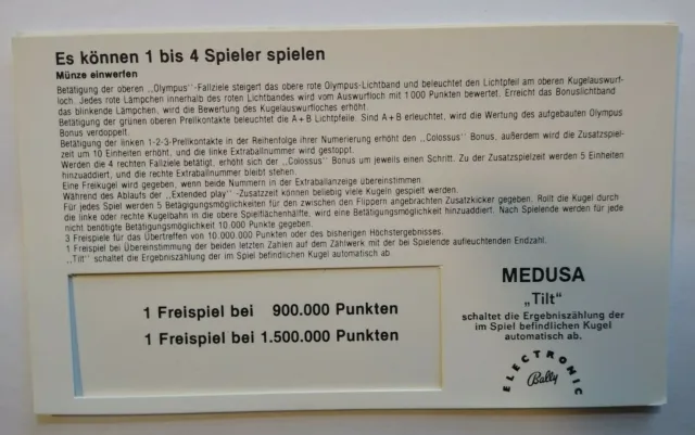 Medusa Pinball Machine Instruction Game Score Card 1980 Germany Text NOS