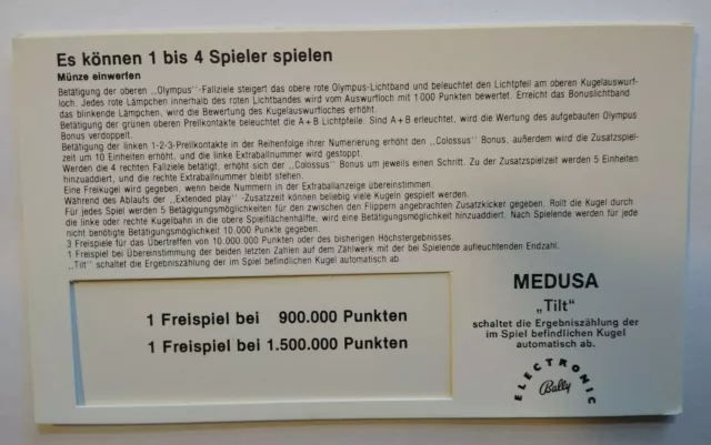 Medusa Pinball Machine Instruction Game Score Card 1980 Germany Text NOS