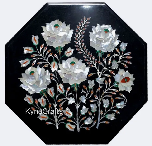 14 Inches Floral Design Inlay Work Balcony Table Octagon Marble Coffee Table Top