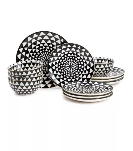 Thyme and & Table Dinnerware Plates Black White Medallion Stoneware, 12 piece se