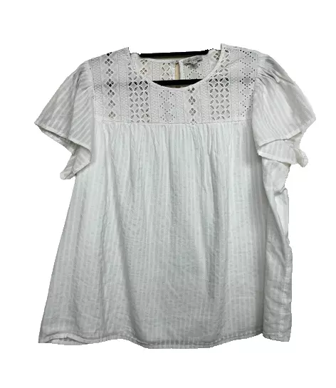 Ella Moss Womens Blouse Beige Striped Eyelet Ruffle Sleeves(White, Small) NWT