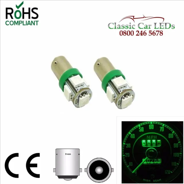 2X Positive Earth Green Led Gauge / Switch Bulb  Ba9S Glb233 989 Classic Vintage