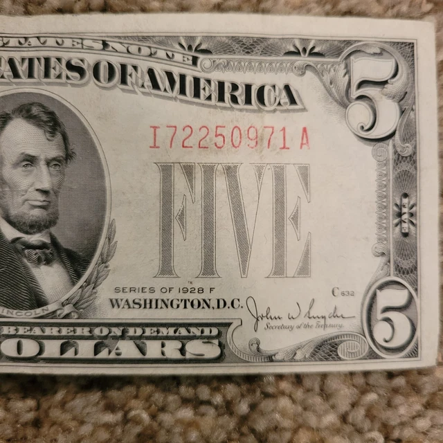 💎1928F Series C  Five Dollar $5 RED Seal United States Note Old US Bill  XF/AU
