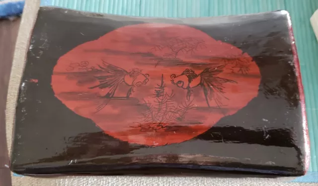 Antique 19Th Century Hand Made Chinese Lacquered Opium Pillow W/ Koi