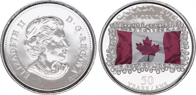 25 Cents 50 ans du drapeau canadien colorisé - 2015