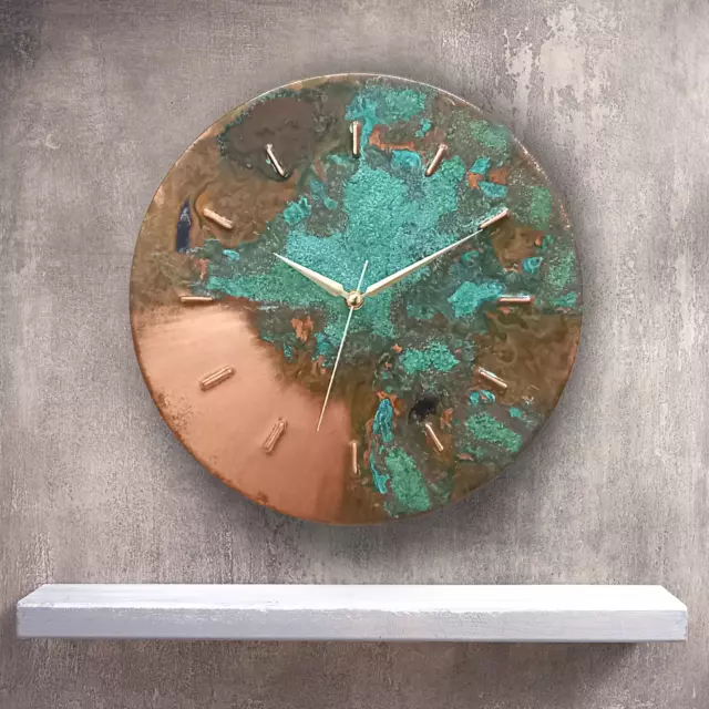 Art Deco Mid Century Modern Farmhouse Patina Metal Copper Wall Clock Wall Decor