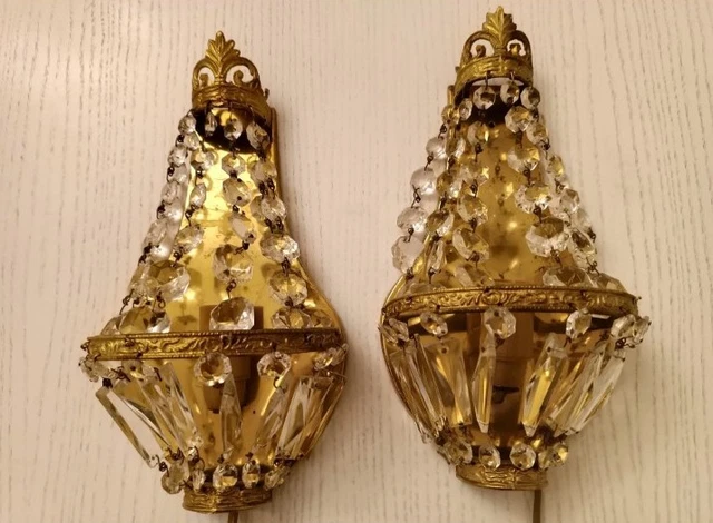 Vintage Antique Pair of French Empire Brass Crystal 1 Light Sconces Wall Lights