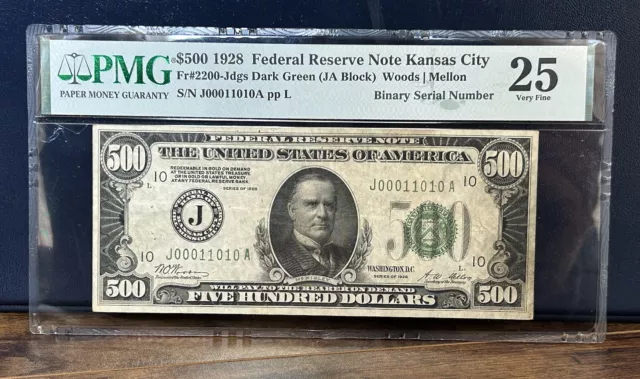 1928 $500 Bill FRN Kansas City FR. 2200-J PMG 25 Very Fine- BINARY- 00011010