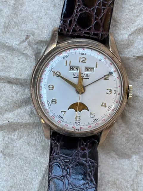 Vintage Vulcain Triple Calendar Pointer Date Moonphase Valjoux 90 Watch 35mm