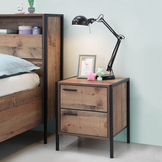 Lámpara de cajón industrial de 2 cajones mesa lateral gabinete mesita de noche efecto roble