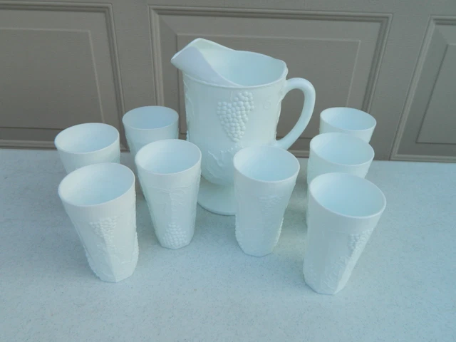 Indiana Harvest Grape White Milk Glass Pitcher & 8 Tumblers Indiana Harvest Grape White Milk Glass Pitcher & 8 Tumblers