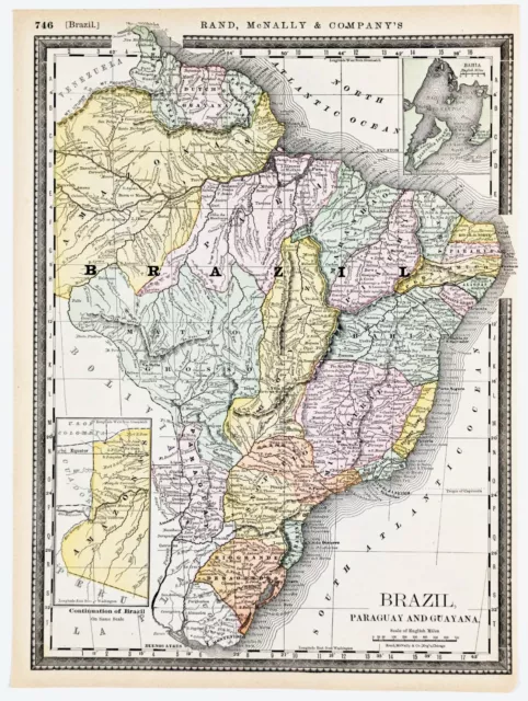 1898 SOUTH AMERICA Brazil Paraguay Uruguay Map Amazon Dutch Guiana RAILWAYS