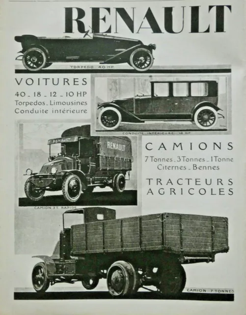 Publicité De Presse 1920 Voitures Renault Torpedos Limousines Camions Tracteurs