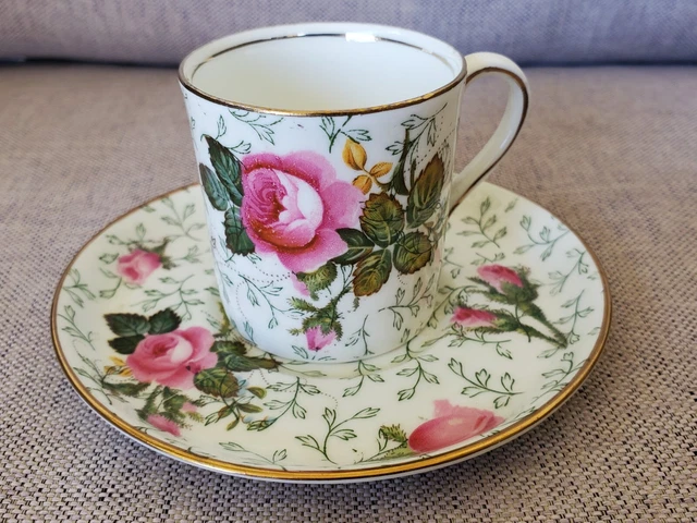 Aynsley Demitasse Teacup & Saucer Set Antique Vintage Hand Painted Cabbage Roses