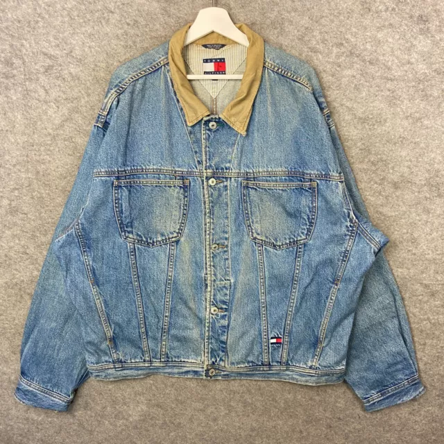 Vintage Tommy Hilfiger Jacket Mens XXL 2XL Blue Denim Trucker Jean Coat 90s