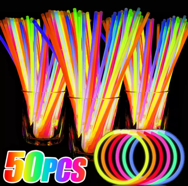 50 NEON GLOW STICKS BRACELETS NECKLACES PARTY FAVORS COLOR + CONNECTOR 8" Sticks