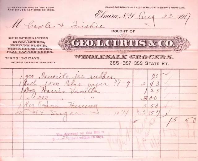 Geo L Curtis & Co. Wholesale Grocers Elmira NY Billhead Invoice Receipt 1911