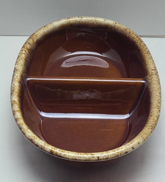 HP & Co Hull Pottery Divided Dish Vegetable Bowl Brown Drip Glaze USA Ovenproof