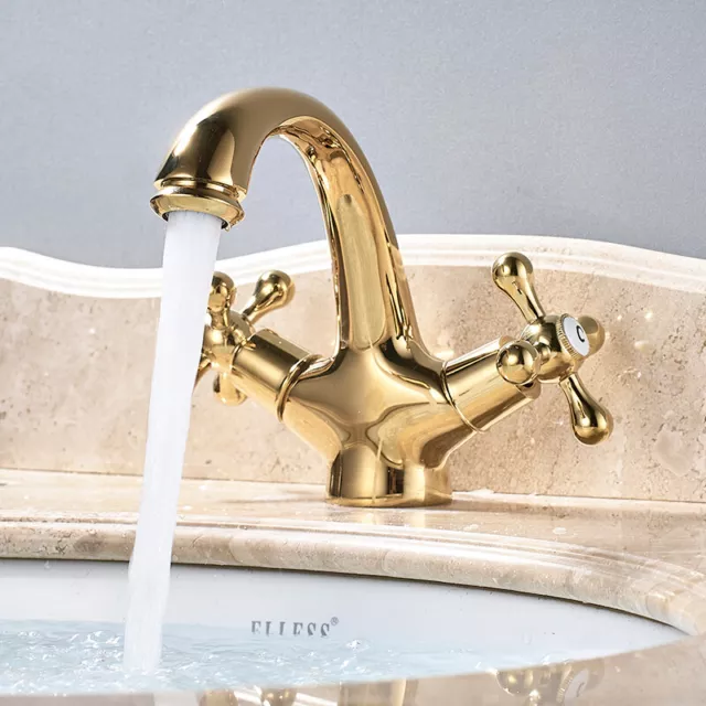 Gold Polished Brass Dual Handle Bathroom Sink Faucet Single Hole Basin Mixer Tap