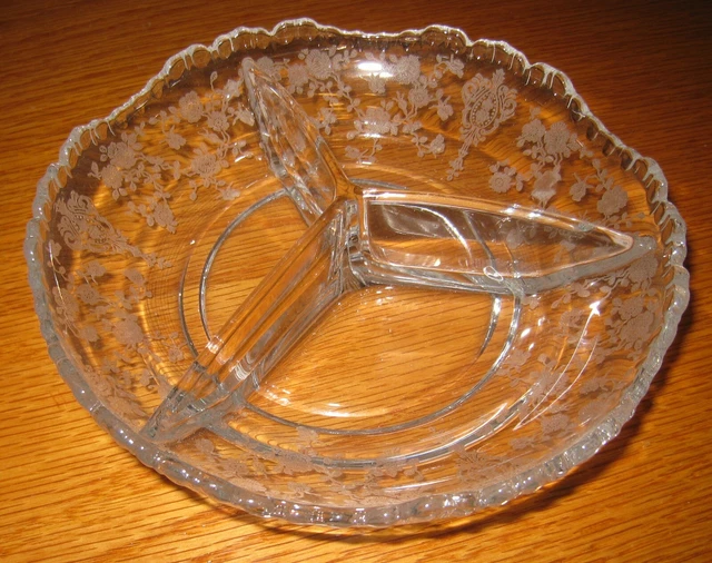 Elegant Etched Glass Cambridge Rose Point 3 Part Divided Relish Nut Dish 6.5"