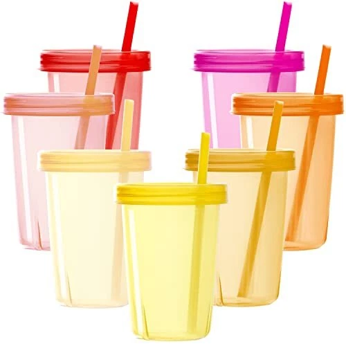 7 Sets Plastic Kids Cups with Lids and Straws, 7 Reusable Toddler C...