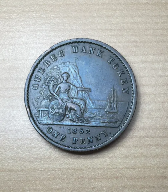 1852 One Penny Bank Token Coin Quebec Canada