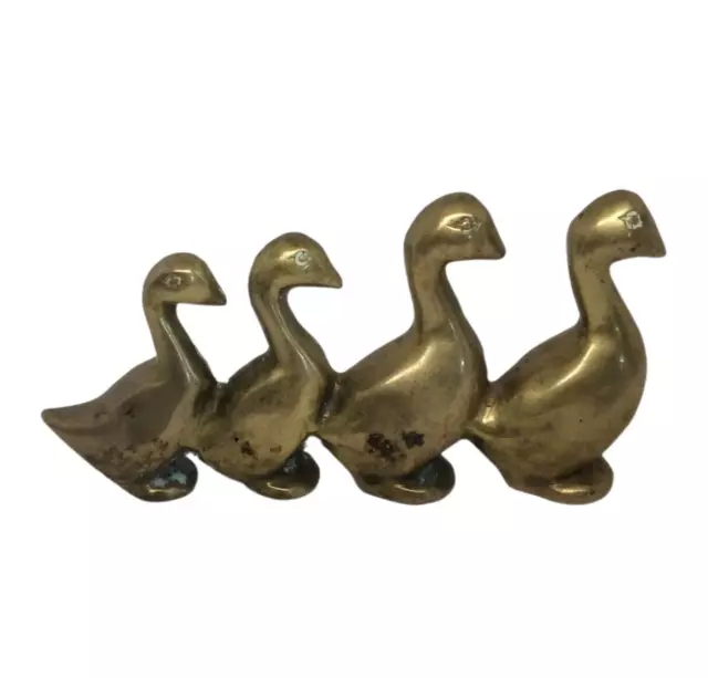 Brass Ducks Geese Family Figurine All In A Row Some Patina