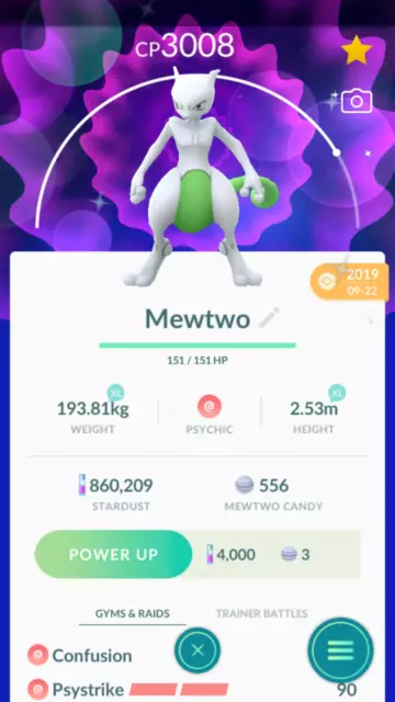 Pokémon Tra'de GO - Shiny Mewtwo 3000CP + move Psystrike for PVP Master