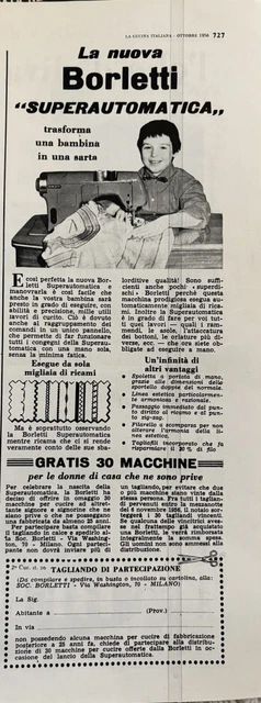 Borletti Superautomatica pubblicità Rivista La Cucina Italiana Ottobre 1956
