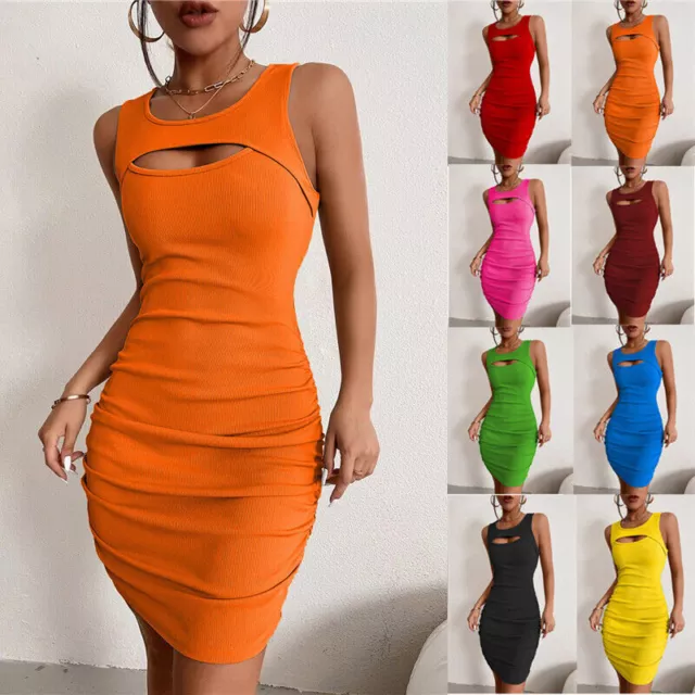 Womens Summer Plain Sleeveless Mini Dress Ladies Party Evening Bodycon Dresses