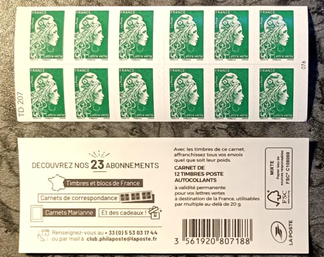 NEUF CARNET DE 12 timbres neufs France Lettre Verte 20 grammes
